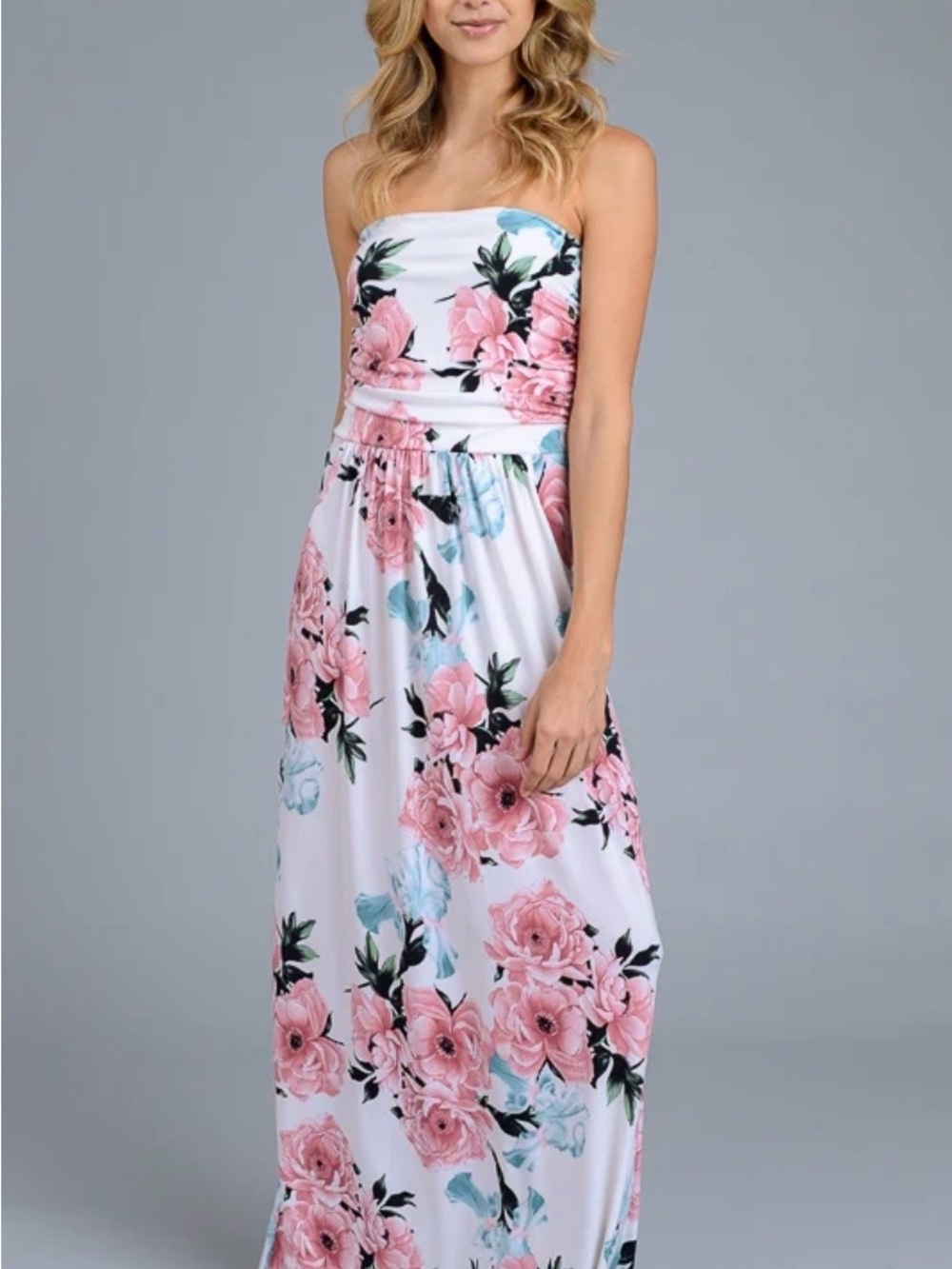 Vanilla Bay Strapless White Maxi Dress with Pink Floral Print